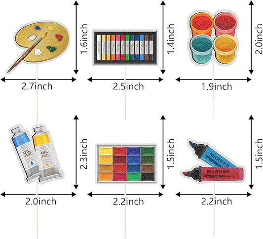 Art Palette Cupcake Toppers,Painting Themed Happy Birthday Party Decor, Artist Palette Graffi Paint Brush Boy Girl Party Decorations Supplies,Rainbow Glitter Set of 18