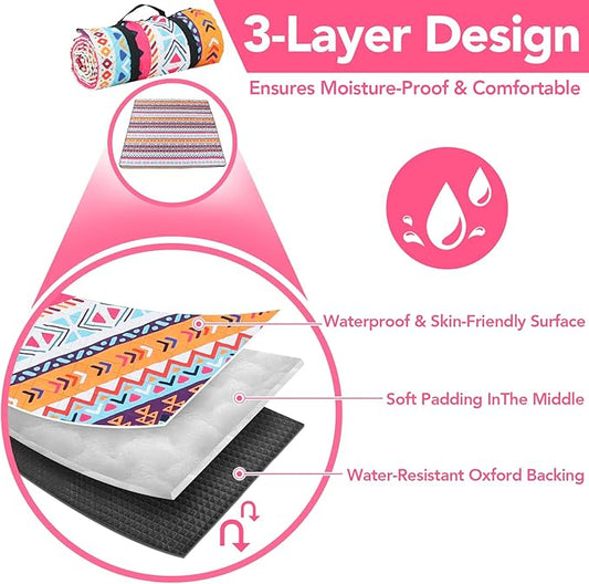 PY SUPER MODE Picnic Blankets Extra Large, Waterproof Foldable Outdoor Beach Blanket Oversized 83x79” Sandproof, 3-Layer Picnic Mat for Camping, Hiking, Travel, Park, Concerts-Bohemian Brown