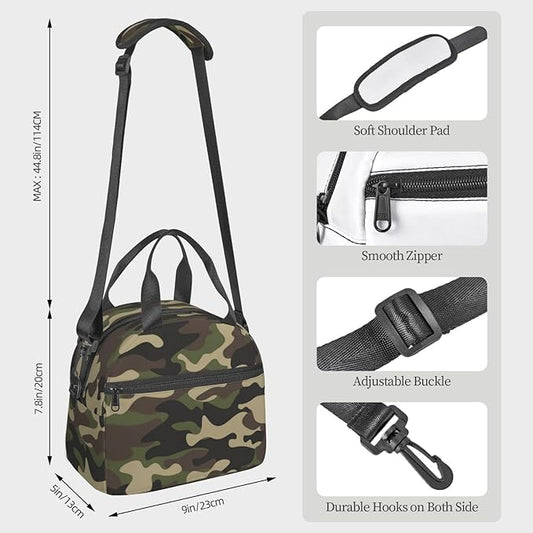 bassyil Camo Insulated Lunch Bag Reusable Lunch Box With Adjustable Shoulder Strap Cooler Tote Bag For Men Women