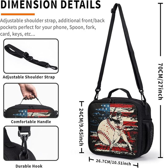 American Flag Baseball Pattern Lunch Bag Sport Baseball Lunch Boxes for Women/Man Office Work Travel School Work Picnic Durable Reusable Insulated Large Lunch Tote Bag with Adjustable Shoulder Strap