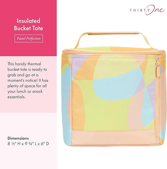 THIRTY-ONE Gifts Insulated Bucket Tote, Reusable Insulated Lunch Bag with Zipper Closure, Pastel Perfection