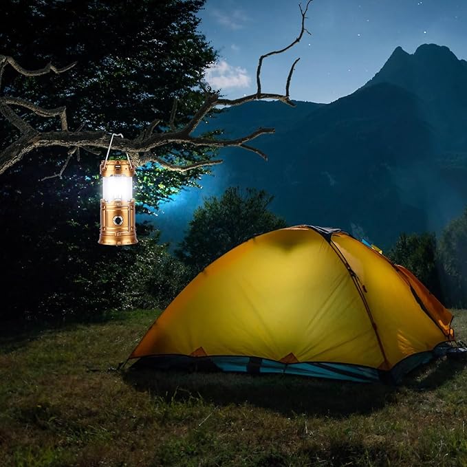 Solar Camping Lantern for Power Outages - USB Rechargeable Lamp Camping Essentials,Collapsible Waterproof Solar Lights for Indoor Outdoor Emergency Light/2 Packs/Gold