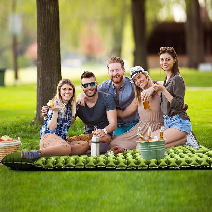 Double Sleeping Pad for Camping, Self Inflating 4" Extra-Thick Camping Mattress Pad 2 Person with Pillow, Built-in Foot Pump, Ultralight Camping Bed Mat for Backpacking Hiking Traveling Tent