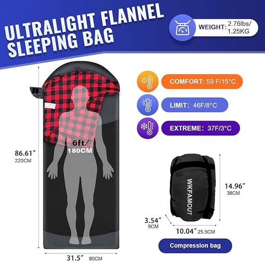 Backpacking Flannel Sleeping Bag Lightweight for Adults Hiking Ultralight Compact Sleeping Bag Portable Warm Weather Summer with Compression Sack