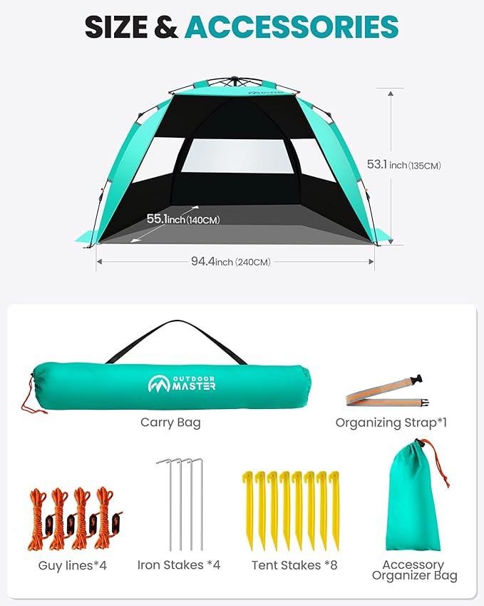 OutdoorMaster Beach Tent with Blackout Shelter Technology, Portable Beach Shade Sun Shelter Canopy for 4-6 Person with UPF 50+ UV Protection, Easy Setup Pop Up Tent Family Size