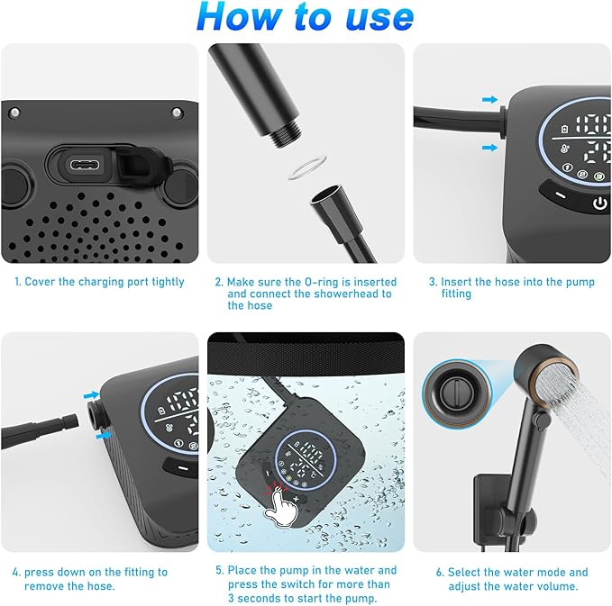 GOSCHE Portable Camping Shower, 8000mAh Rechargeable Outdoor Shower Pump with 20L Collapsible Bucket, Intelligent LED Display, IPX8 Waterproof Pump for RV, Travel, Hiking, Pet Bath, Beach