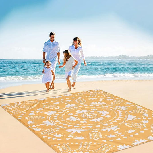 Sandproof Waterproof Beach Blanket, 78''×86'' Large Foldable Picnic Blankets for 1-4 Adults w/ 4 Stakes & 4 Pockets, Polyester Lightweight Sand Free Boho Outdoor Beach Mat for Camping, Hiking, Travel