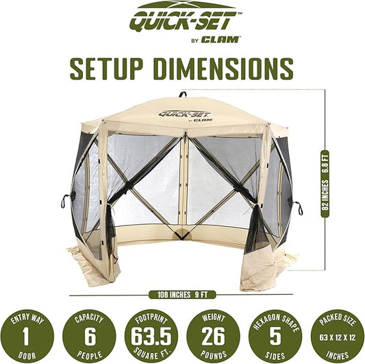 CLAM Pop Up Screen Tent, Outdoor Camping Gazebo Canopy, Venture, 9' x 9', Tan