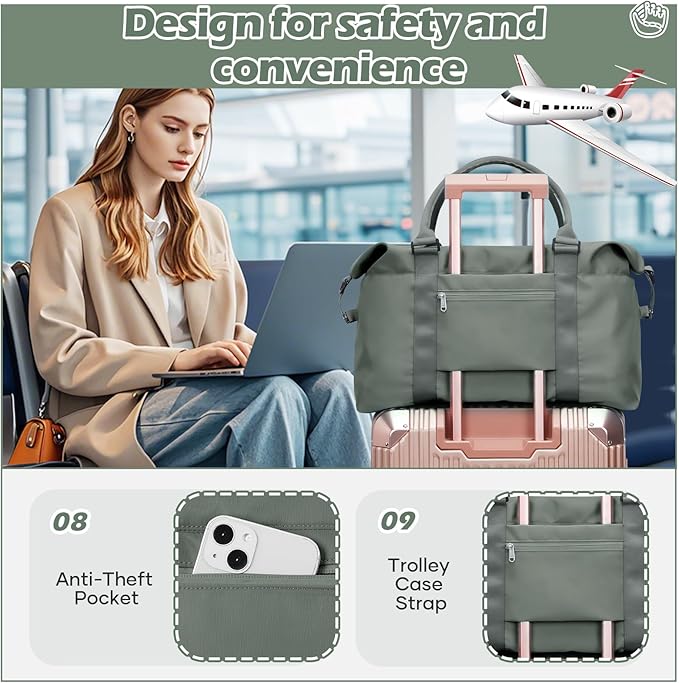 Travel Duffel Bag, Weekender Bags for Women, Overnight Gym Carry On Tote Bag with Wet Pocket, Hospital Mom Bag for Labor and Delivery - Green