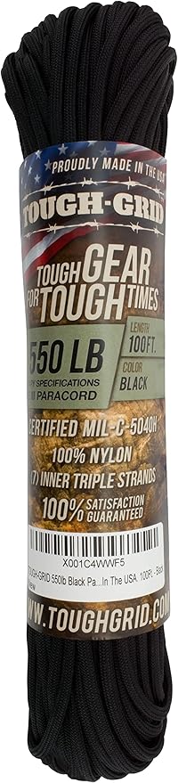 TOUGH-GRID Premium Black Paracord 550 lbs Made in USA Outdoor Survival Nylon Rope Tactical Heavy Duty Strands Parachute Cord Used by US Military Type III Mil-Spec