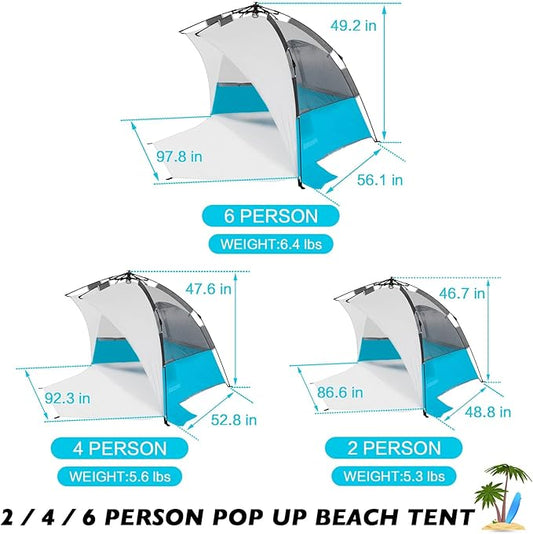 Beach Tent Pop Up Shade, Instant Beach Tents Sun Shelter with UPF 50+ UV Protection, Lightweight & Easy Setup Tent 2-6 Person