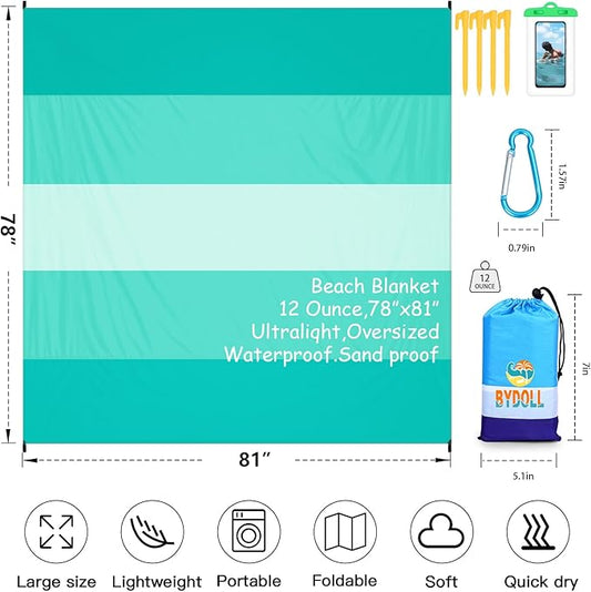 BYDOLL Beach Blanket Waterproof Sandproof 78''×81'' 1-7 Adults Oversized Lightweight Large Picnic Mat Waterproof Sandproof Blanket for Beach