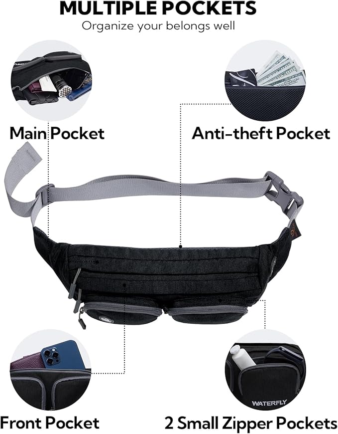 WATERFLY Fanny Pack Waist Bag: Travel Hip Pouch Bum Bag Plus Size Crossbody Fannie Pack Adjustable Belt Waistpack Phanny Fannypack for Man Woman Hiking Walking Jogging