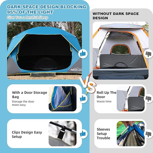 4 Person Blackout Camping Tent, Easy Setup Waterproof Family Dome Tent for Camping with Rainfly, Portable Double Layer Large Family Tent for Outdoor Camping&Hiking