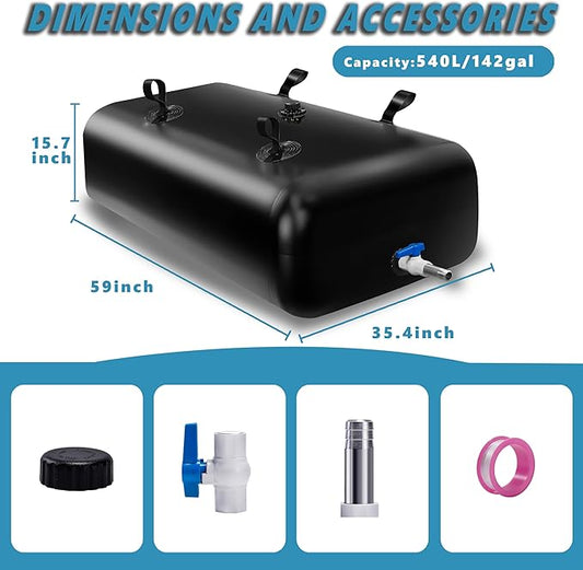 540 L/142 Gal Water Bladder Tank, Foldable Portable Water Storage Container, Emergency Water Bag for RV, Truck Bed, Fire Prevention, Drought Resistance, Black