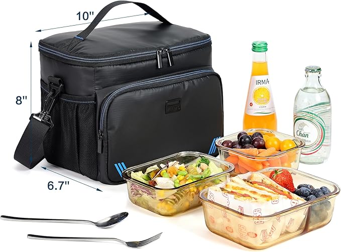ZEEMO Insulated Lunch Bag for Men Women, Cooler with Adjustable Shoulder Strap, Leakproof Box for Work, Picnic, Black
