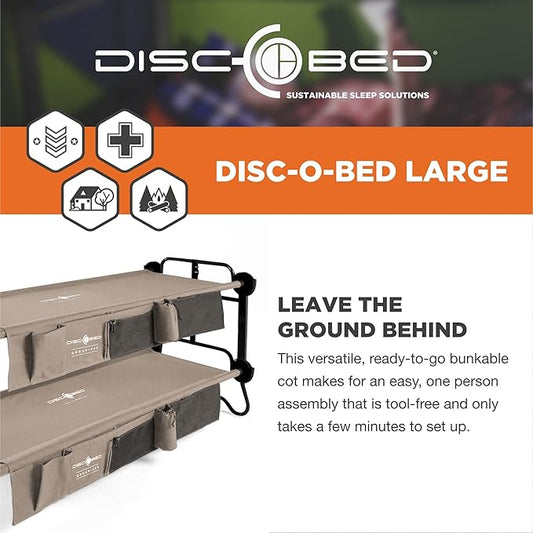 Disc-O-Bed Large Outdoor Convertible 2 Person Bench and Double Camping Cot Portable Bed Bunk System for Adults
