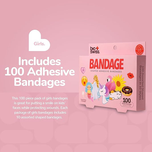 BioSwiss Bandages, Assorted Animal, Fun and Food Shaped Self Adhesive Bandage for Girls, Latex Free Sterile Wound Care, 100 Count