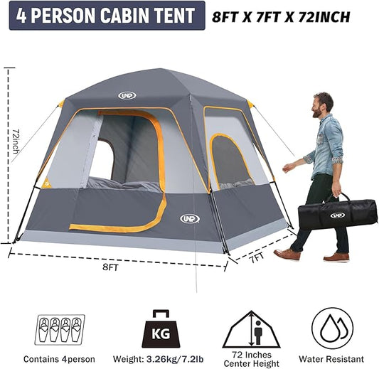 UNP 2/4/6/8 Person Tent, Portable Cabin Tent, Camping Tent 4-Person Easy Set Up, Waterproof with Top Rainfly for Outdoor Camping/Hiking