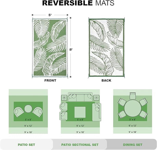 wikiwiki Outdoor Rug, 5x8ft Waterproof Reversible Mat Indoor Outdoor Rugs Carpet, Small Area Rug Plastic Straw Rug for Patio Deck Balcony Pool RV Camping Beach Picnic, Green, Rugscape Series