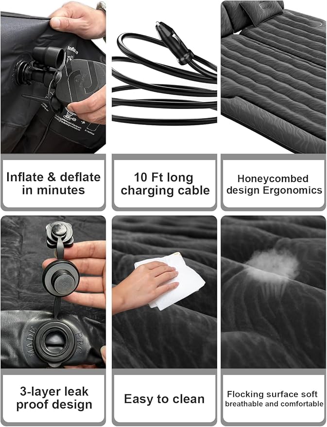 Umbrauto SUV Air Mattress for Trunk: Upgraded Car Camping Mattress with Flocked Surface and Extra Thick Bottom, Van Sleeping Bed for Back Seat with Pump, Nozzle, Repair Patch, Carry Bag