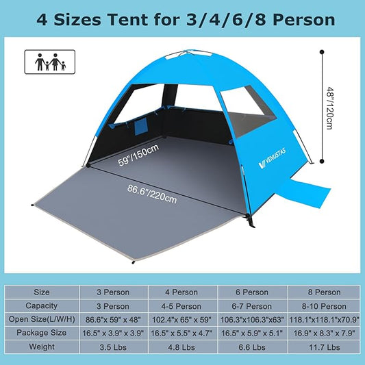 Venustas Beach Tent Sun Shelter for 3-10 Person, UPF 50+ UV Protection Canopy, Lightweight and Easy Setup Cabana, Portable Beach Shade