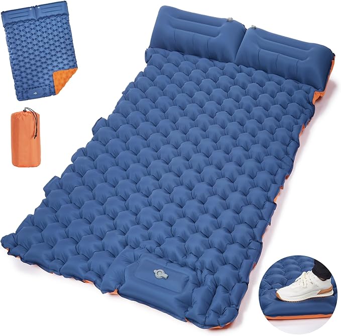 CAMULAND Camping Mattress 2 Person, Double Sleeping Pad for Camping Mat Inflatable Air Bed with Pillow Built-in Foot Pump Backpacking Hiking Traveling Gear Compact Self Inflating