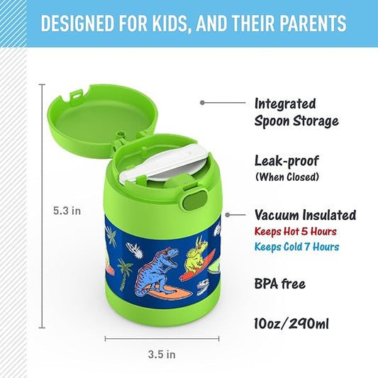 THERMOS FUNTAINER Insulated Food Jar, 10 Ounce, Kid Friendly Food Jar with Foldable Spoon, Daring Dinos