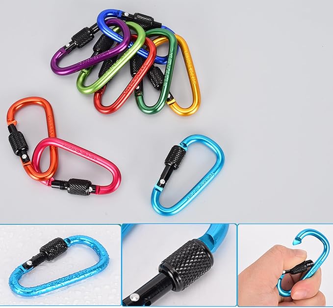 10 Pack Aluminum D Ring Key Rings Hiking Clips Locking Carabiner for Hiking Camping Fishing and Outdoor Use,Clips with Screw Gate Multicolored