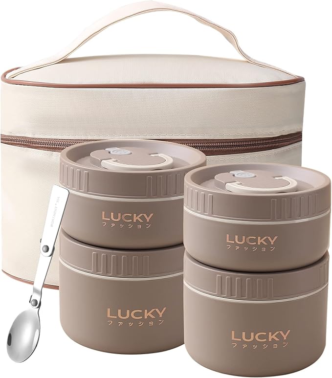 YBOBK HOME Thermal Bento Box Aldult Lunch Box, Portable Insulated Lunch Container For Work Picnic, Keep Warm Stainless Steel Food Container With Bag, Induction Cooker & Microwave Safe (Khaki 68oz)