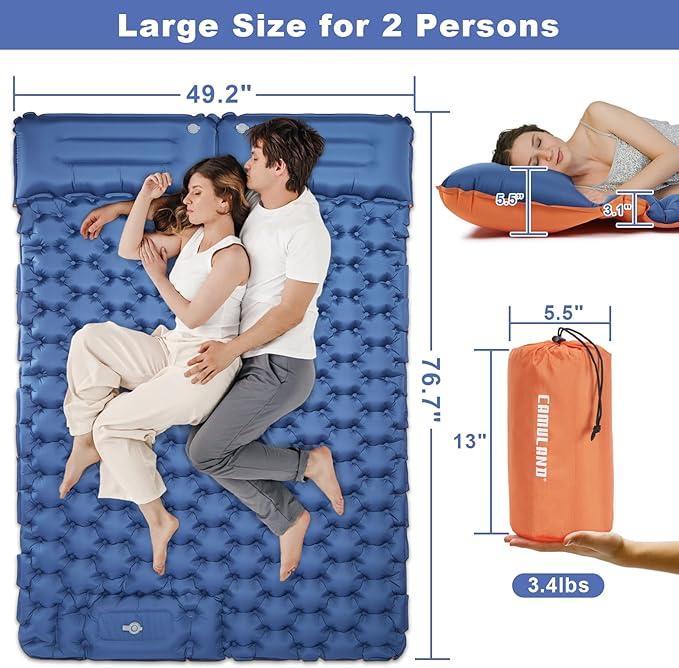 CAMULAND Camping Mattress 2 Person, Double Sleeping Pad for Camping Mat Inflatable Air Bed with Pillow Built-in Foot Pump Backpacking Hiking Traveling Gear Compact Self Inflating