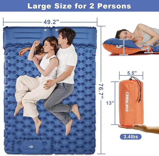 CAMULAND Camping Mattress 2 Person, Double Sleeping Pad for Camping Mat Inflatable Air Bed with Pillow Built-in Foot Pump Backpacking Hiking Traveling Gear Compact Self Inflating