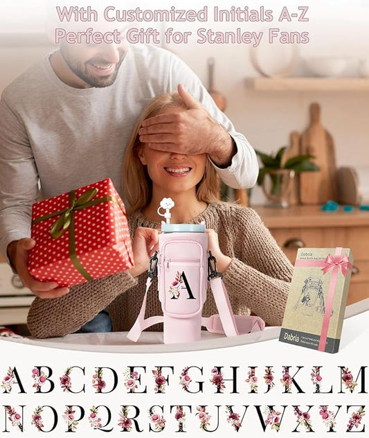 dabria Initial A-Z Water Bottle Bag with Phone Pocket for Stanley 40 oz Tumbler Neoprene Water Bottle Holder Pouch with Adjustable Strap Bollus with Straw Cover & Carabiner for Stanley Cup Accessories