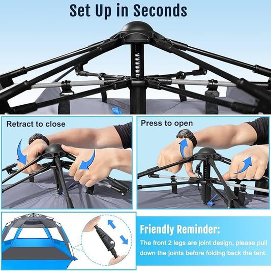 WhiteFang Deluxe Pop Up Beach Tent Sun Shade Shelter for 3-4/5-6 Person, UV Protection, Extendable Floor with 3 Ventilating Windows Plus Carrying Bag, Stakes, and Guy Lines