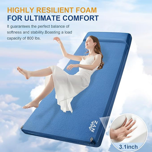 NYZ Self Inflating Sleeping Pad for Camping 3.1" Ultra-Thick Memory Foam Camping Mattress 20s Quick Inflation Camp Mat with Pillow Waterproof 4-Season for Camping Travel Tent Car