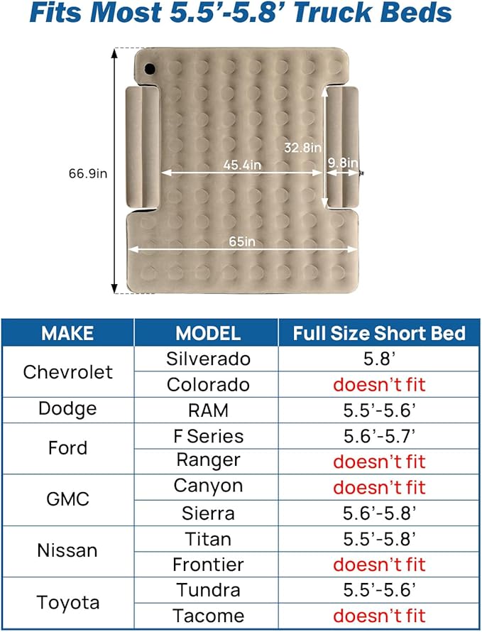 JOYTUTUS Truck Bed Mattress for 5.5-5.8Ft, Full Size Inflatable Mattress Pickup Short Beds for Outdoor Camping, with Carry Bag & Cup Holder & Cavity Design, Camel&Black