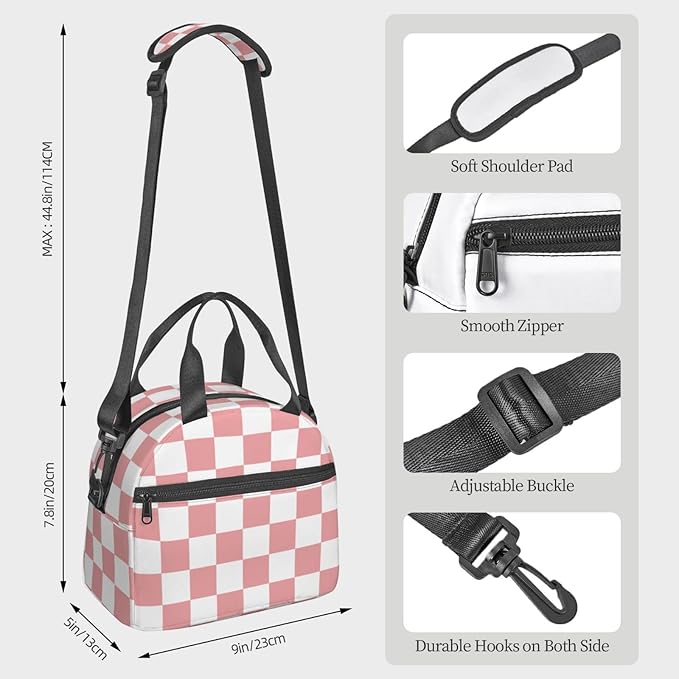 bassyil Pink Checkerboard Lunch Box Reusable Insulated Totes Lunch Bag Thermal Cooler Adjustable Shoulder Strap Bag For Men Women