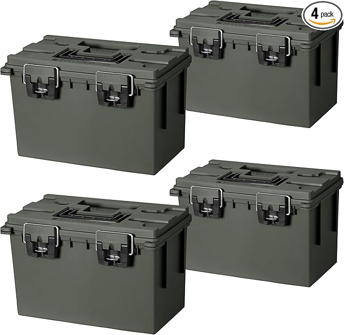 Sheffield 12765 4-Pack XL Ammo Storage Box, Stackable .50 Cal Field Boxes, Water and Dust Resistant, Lockable Storage Box with Handle, Heavy Duty Protection for Hunting Gear, Made in the USA, Green