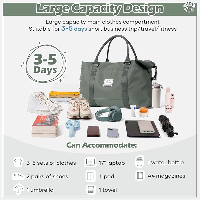 Travel Duffel Bag, Weekender Bags for Women, Overnight Gym Carry On Tote Bag with Wet Pocket, Hospital Mom Bag for Labor and Delivery - Green