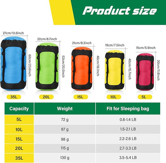 5 Pcs Compression Sacks for Backpacking 5L/10L/15L/20L/35L Camping Sleeping Bag Stuff Sack Water Resistant Sleeping Bag Storage Sack for Space Saving Hiking Gear