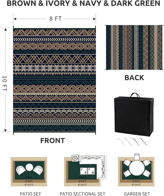 MontVoo Outdoor Rug Carpet 8x10 Waterproof-Patio Rug Mat Reversible RV Camping Rug Picnic Mat Plastic Straw Outside Rug for Balcony Porch Deck Beach-Boho Outdoor Area Rug for Patio Decor Colorful