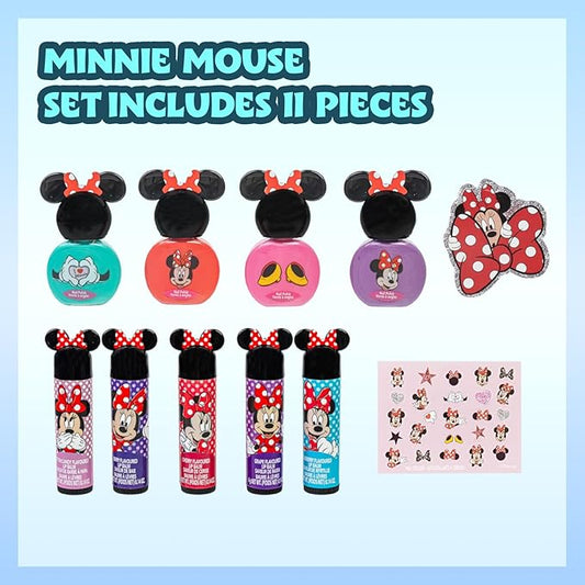 Townley Girl Disney Minnie Mouse Sparkly Cosmetic Makeup Set for Girls with Lip Balm Nail Polish Nail Stickers-35 Pcs|Perfect for Parties Sleepovers Makeovers|Birthday Gift for Girls above 3 Yrs, Kid