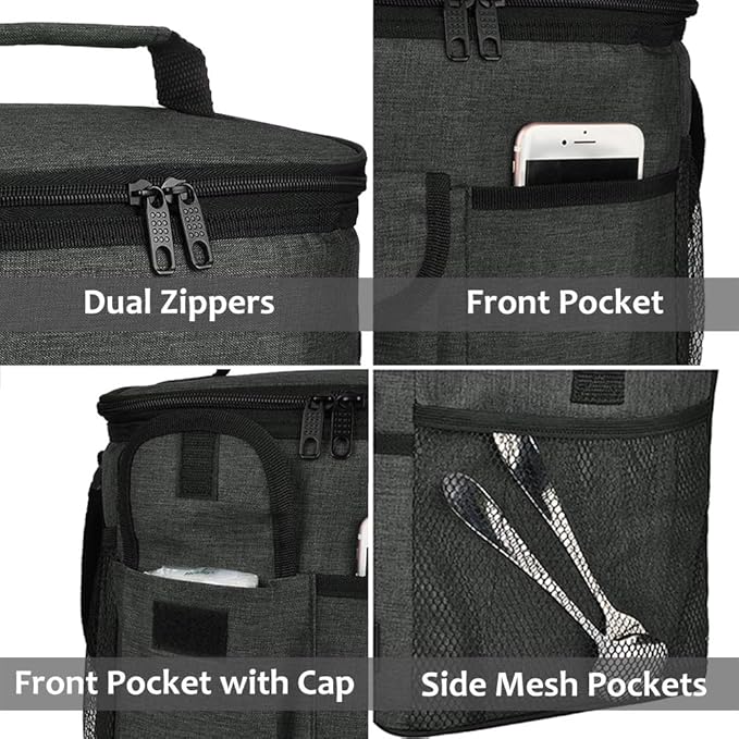 Tirrinia Large Insulated Lunch Bag for Women Men, 10L Leakproof Thermal Reusable Lunch Box for Adult, Tall Meal Prep Lunch Cooler Tote with 4 Pockets for Office Work, Black