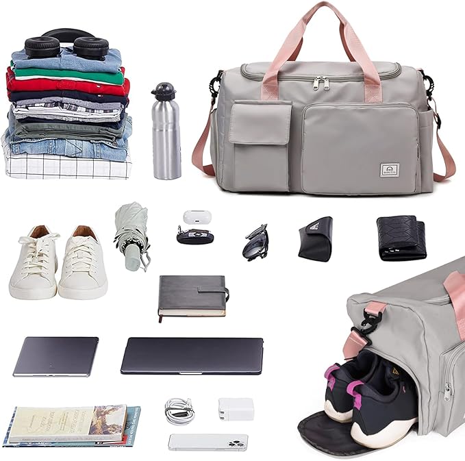 Travel Duffel Tote Bag with Dry Wet Separation Pocket, Weekender Bag for Women and Men,Waterproof Bag with Shoe Compartment Lightweight and Easy Carry on Grey