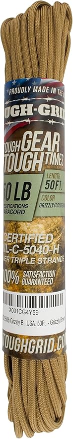 TOUGH-GRID Premium Grizzly Brown Paracord 550 lbs Made in USA Outdoor Survival Nylon Rope Tactical Heavy Duty Strands Parachute Cord Used by US Military Type III Mil-Spec