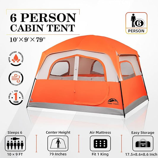 Happy Travel Tent 6 Person Tents for Camping, Waterproof Easy Setup Camping Tent with Rainfly, Portable Large Family Cabin Tent with 5 Large Mesh Windows and Carry Bag for Outdoor Camping & Hiking