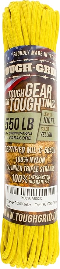 TOUGH-GRID Premium Yellow Paracord 550 lbs Made in USA Outdoor Survival Nylon Rope Tactical Heavy Duty Strands Parachute Cord Used by US Military Type III Mil-Spec