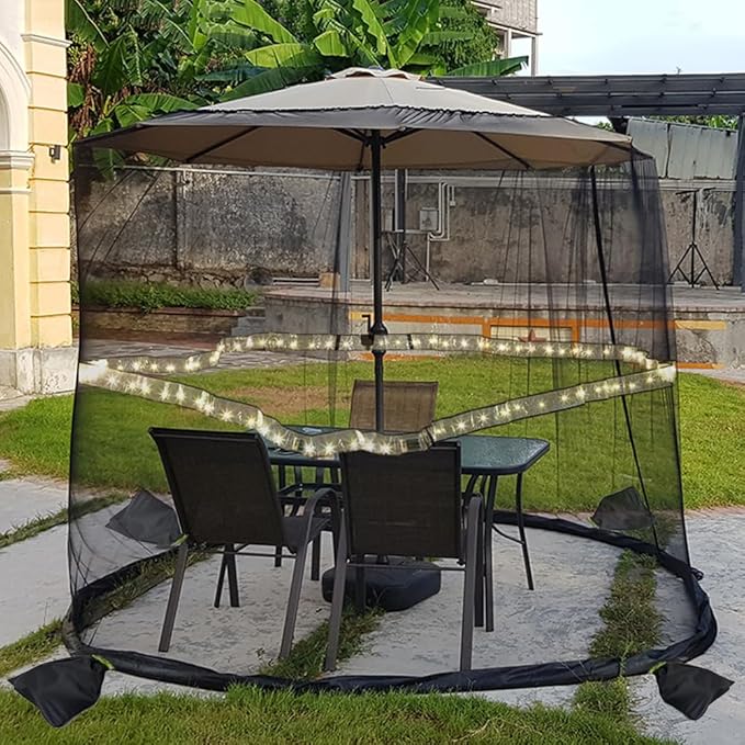9/10FT Mosquito Net for Patio Umbrella Outdoors Screen Polyester Hanging Tent (Mosquito Net Only) (9FT/10FT(with Light))