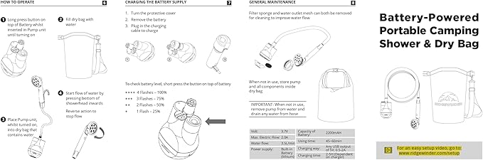 Portable Shower for Camping with Dry Bag - Camp Shower with Rechargeable Battery and Included 10L Dry Bag for Water Storage. Complete Camping Shower in a Bag (+Sprayer Attachment).