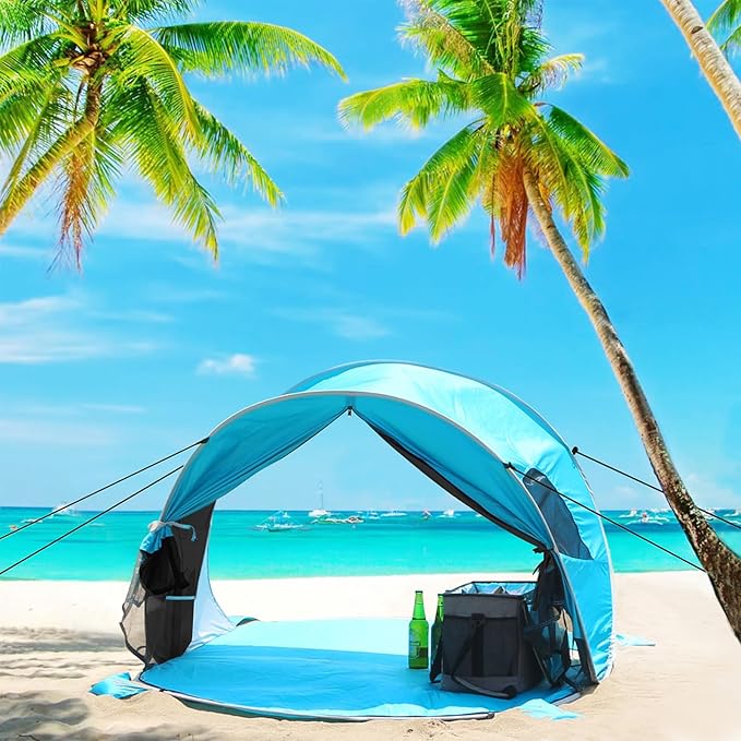 WolfWise UPF 50+ Easy Pop Up 3-4 Person Beach Tent Sport Umbrella Instant Sun Shelter Tent Sun Shade Canopy, Dark Shelter-Blue